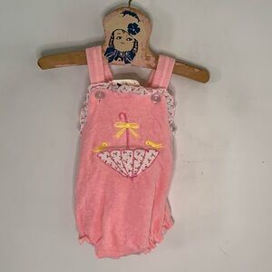Vintage Babycrest pink terry cloth one piece outfit with umbrellas applique